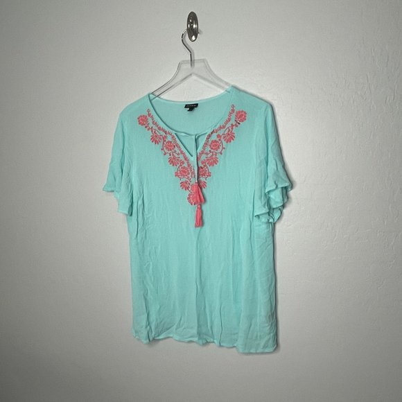 *TORRID* Torrid Crinkle Gauze Blue Green Embroidered Top 2 2X 18/20 - Picture 4 of 6